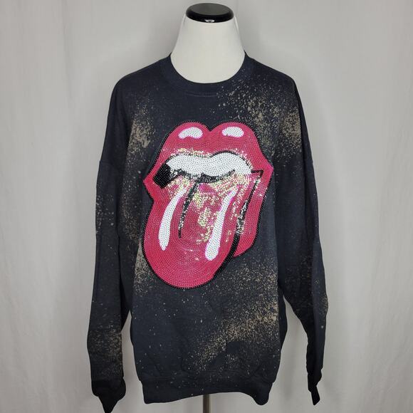 Designer-Ish Rolling Stones Black Sequin Shiny Lip Acid Wash Sweatshirt NEW XL - Picture 1 of 6
